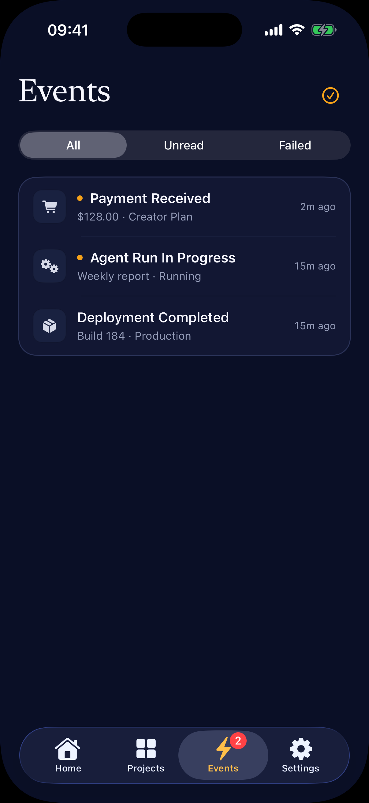 Bellwire native Events screen showing unread project events in dark mode
