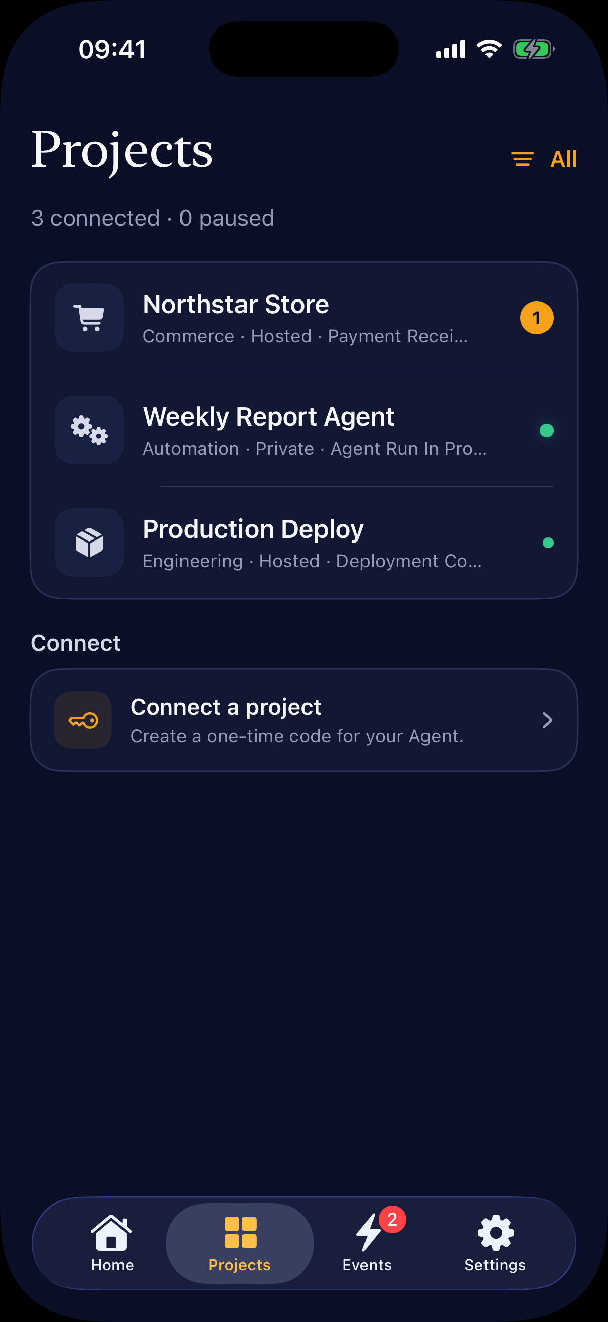 Bellwire native Projects screen with connected projects in dark mode